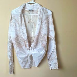 Worth White and Light Brown Sheer Tie-Front Blouse
